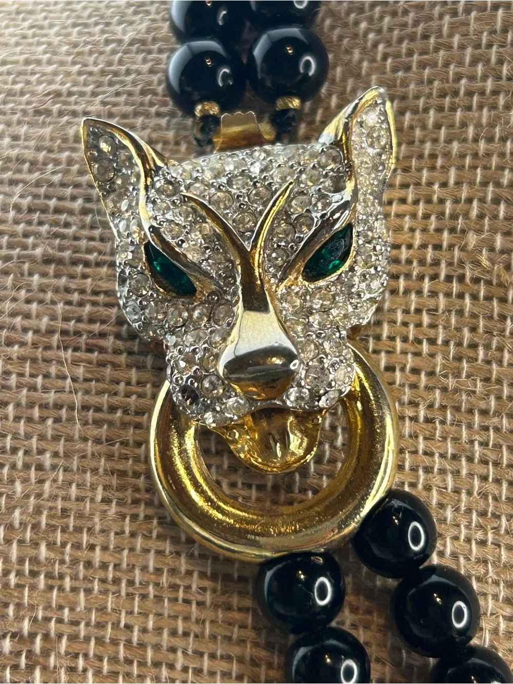 Vintage Rhinestone Green Eyes Panther with Black Beaded Double-Strand Necklace